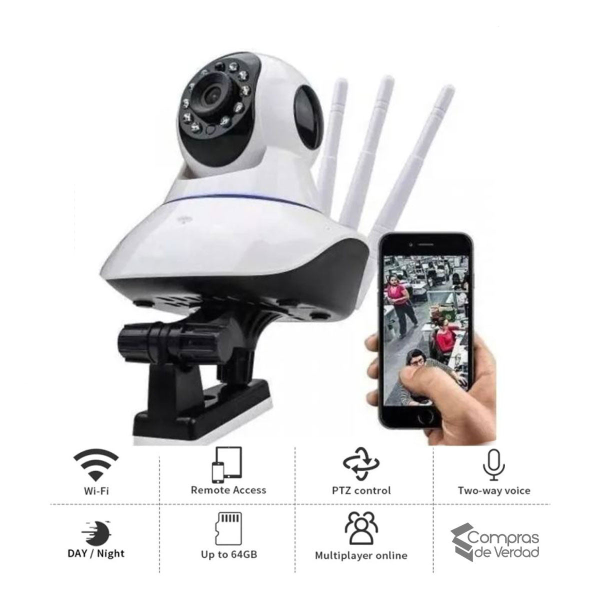 Cámara de seguridad 3 antenas, conexión wifi y sensor de movimiento (NO incluye memoria)💥 HOY 50% DCTO